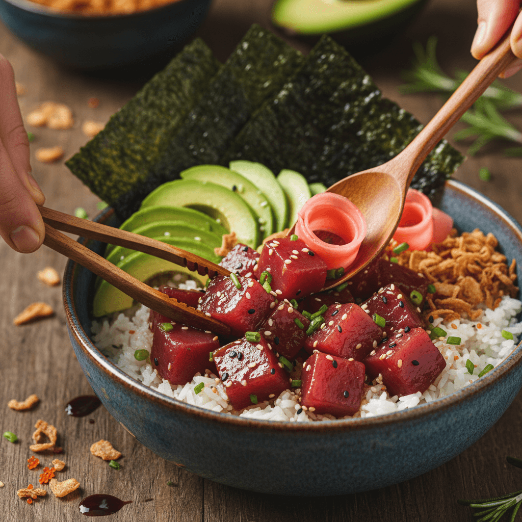 Close-up of fresh ingredients being arranged in a poke bowl