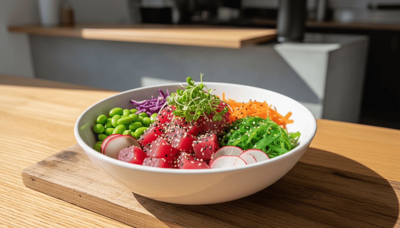 Fresh poke bowl with ahi tuna, vegetables, and toppings in a white ceramic dish