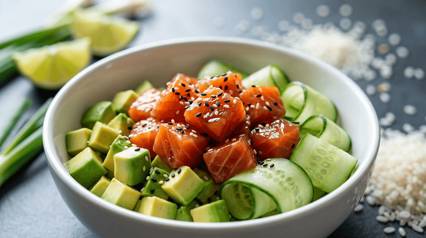 Vibrant fresh poke bowl with ahi tuna, avocado, and colorful toppings on a wooden table