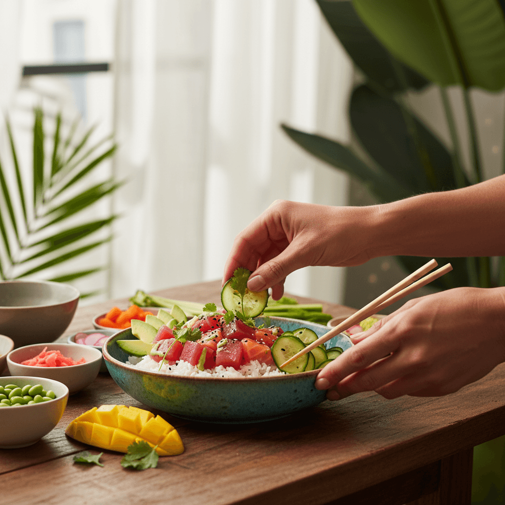 Close-up of spicy tuna poke bowl with sriracha and crispy toppings