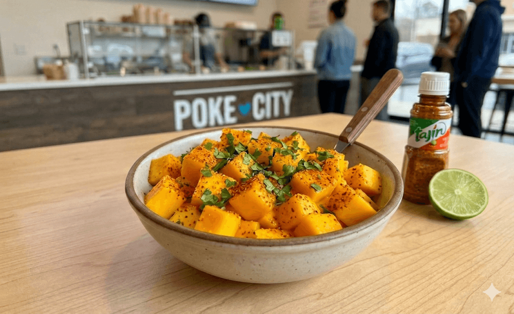 Bowl of cubed mango seasoned with TajÃn and cilantro at a Poke City restaurant.