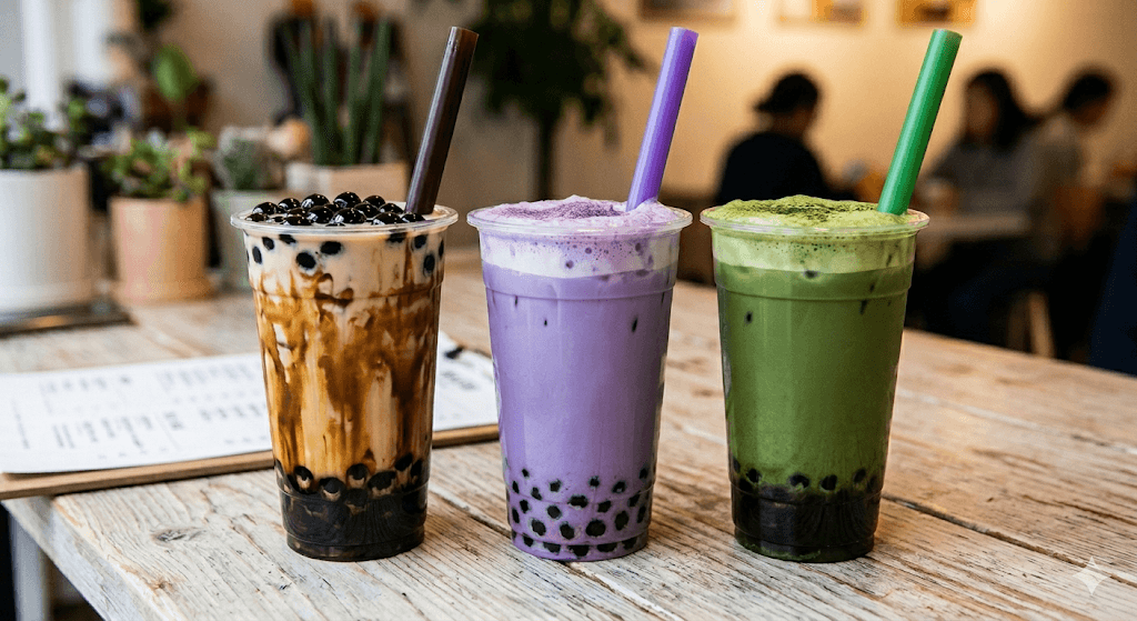 Three plastic cups of brown sugar, taro, and matcha bubble tea with black pearls.
